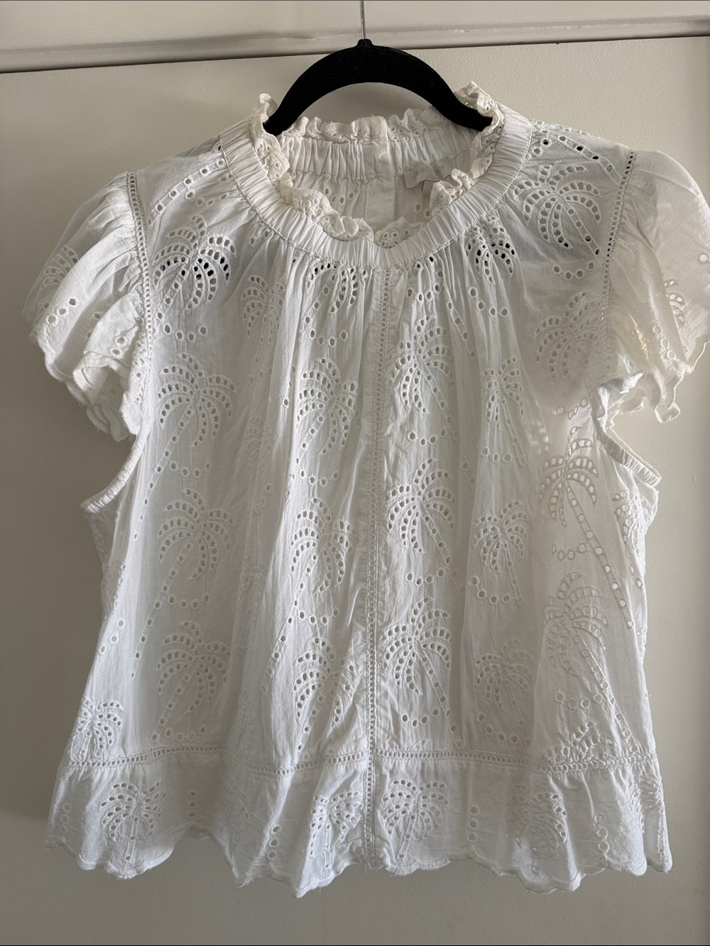 White Eyelet Ruffled Neck Short Sleeve Blouse